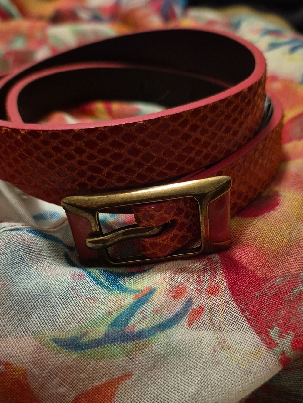 Men's Textured Orange Leather Belt with Brass Buckle